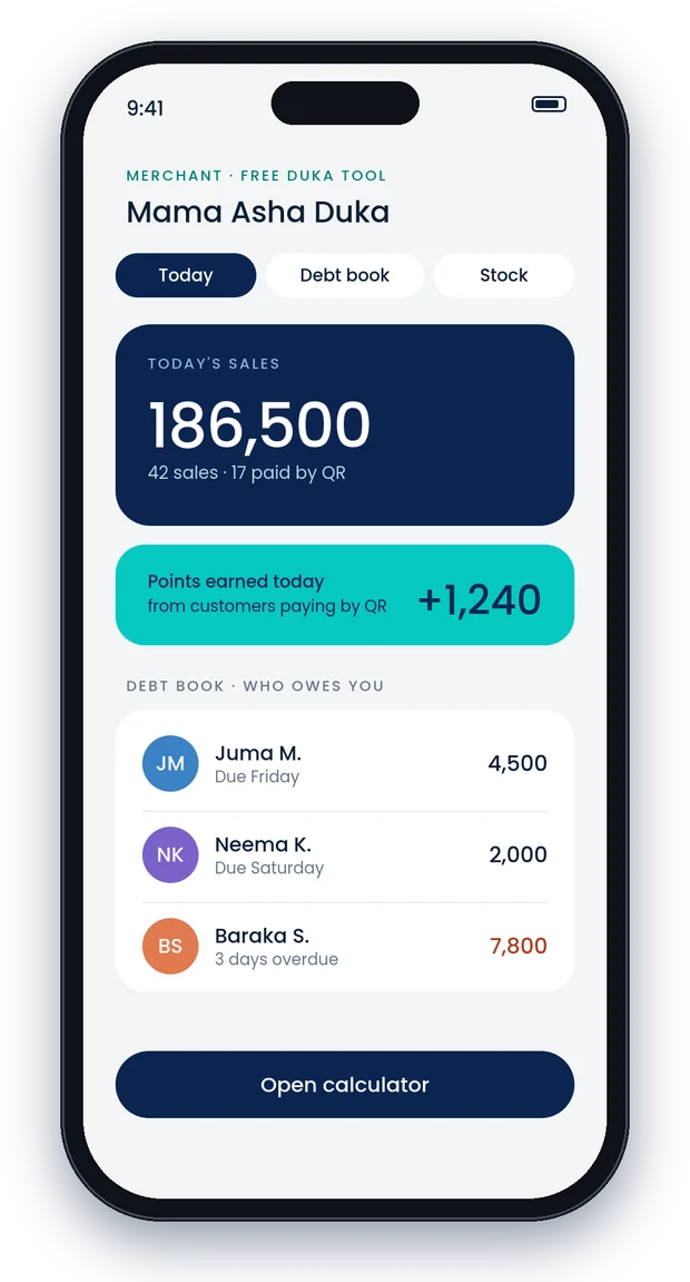 Niblo merchant app showing today's sales and points earned from mobile money payments