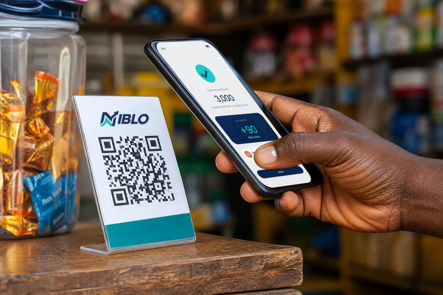 A customer's phone showing 90 Niblo points earned, at a shop counter
