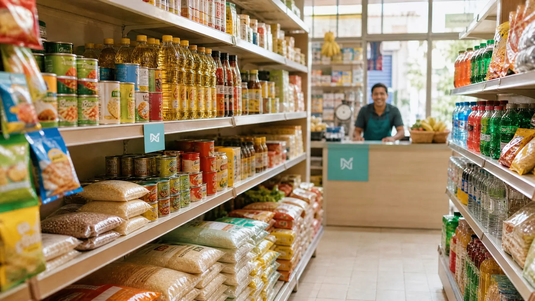 A well-stocked shop with Niblo signs on the shelf and counter, shopkeeper smiling behind the counter